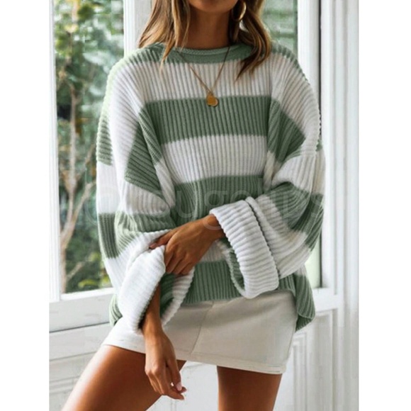 Colorblock Striped Green White Oversized Pullover Sweater - Picture 2 of 7